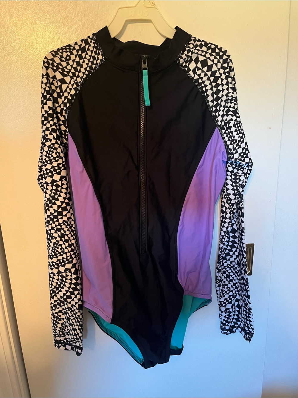 Women’s Speedo Black & Purple Long-Sleeve Zip Front Swim Suit